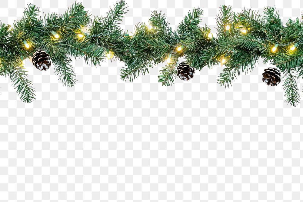 PNG Seamless decorative christmas border with coniferous branches and garlands of christmas lights pine decoration pinecones.