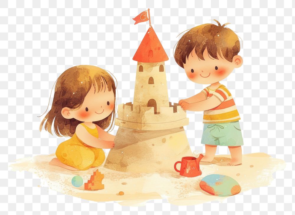 PNG A two cute kids Building a sandcastle illustration watercolor children.