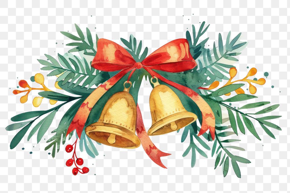 PNG Christmas gold bells with red ribbon illustration decor celebration.