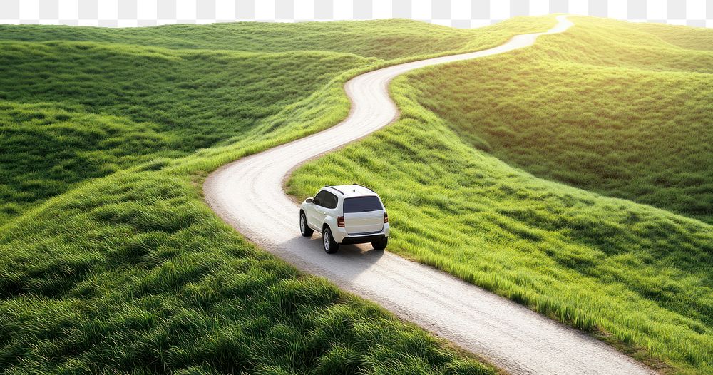 PNG SUV driving down landscape hills road.