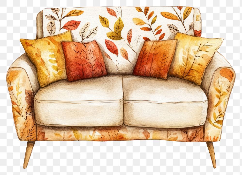 PNG Autumn sofa illustration watercolor pillows.