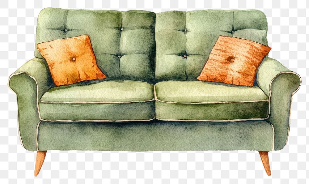 PNG Green Autumn sofa illustration watercolor furniture.