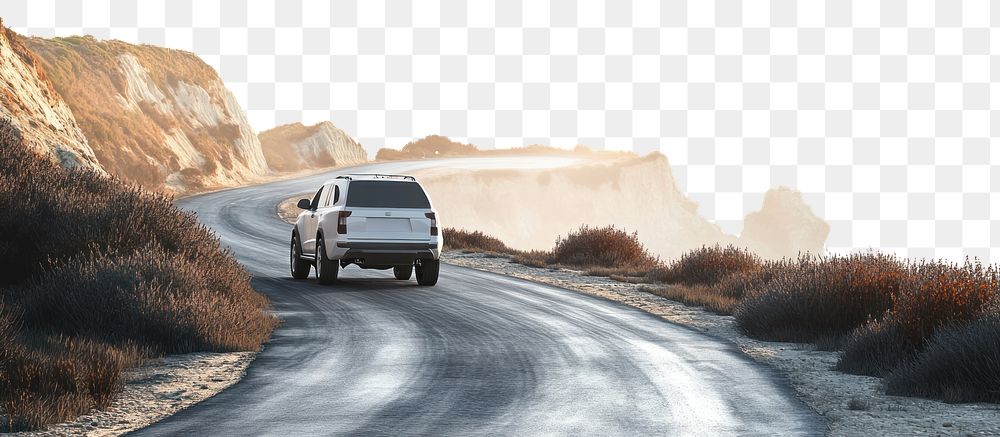 PNG SUV driving down coastal cliff curve.