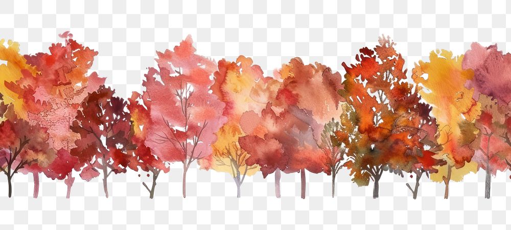 PNG Autumn trees watercolor horizontal illustration painting nature.