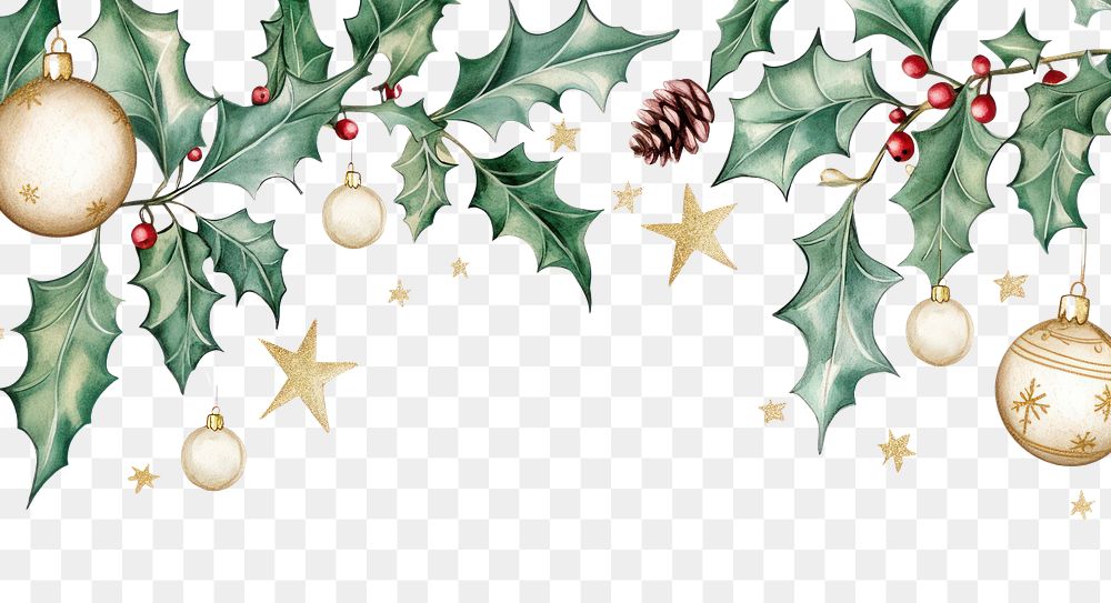 PNG Watercolor holly border christmas gold illustration.