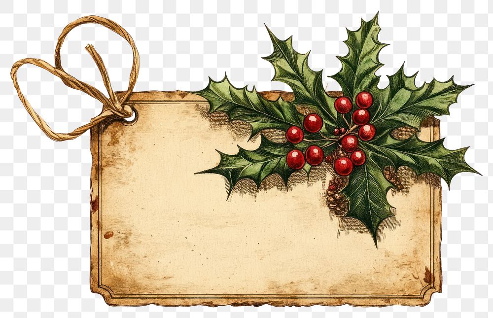 PNG Christmas label illustration vintage leaves.