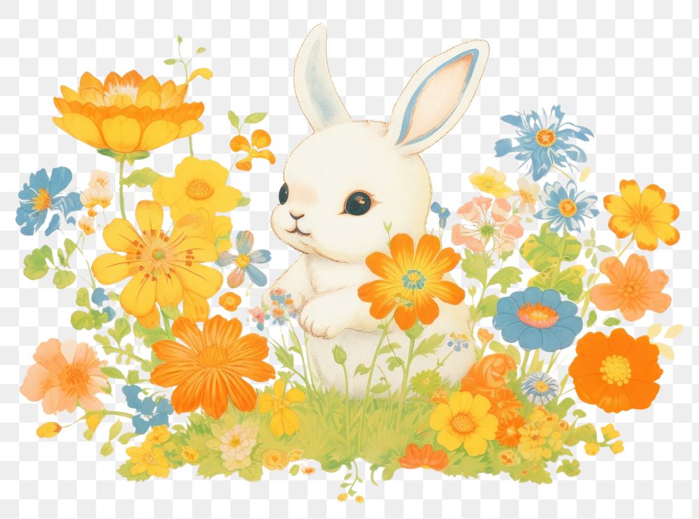 PNG Baby rabbit flowers illustration bunny.