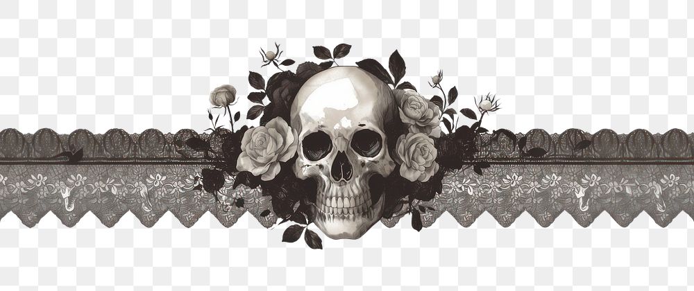 PNG Black skull and white lace with border art illustration accessories.