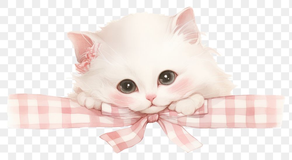 PNG White kitten face illustration animal ribbon.