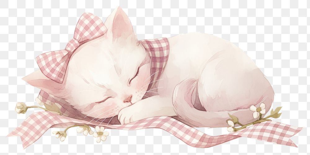 PNG White kitten sleep illustration gingham ribbon.