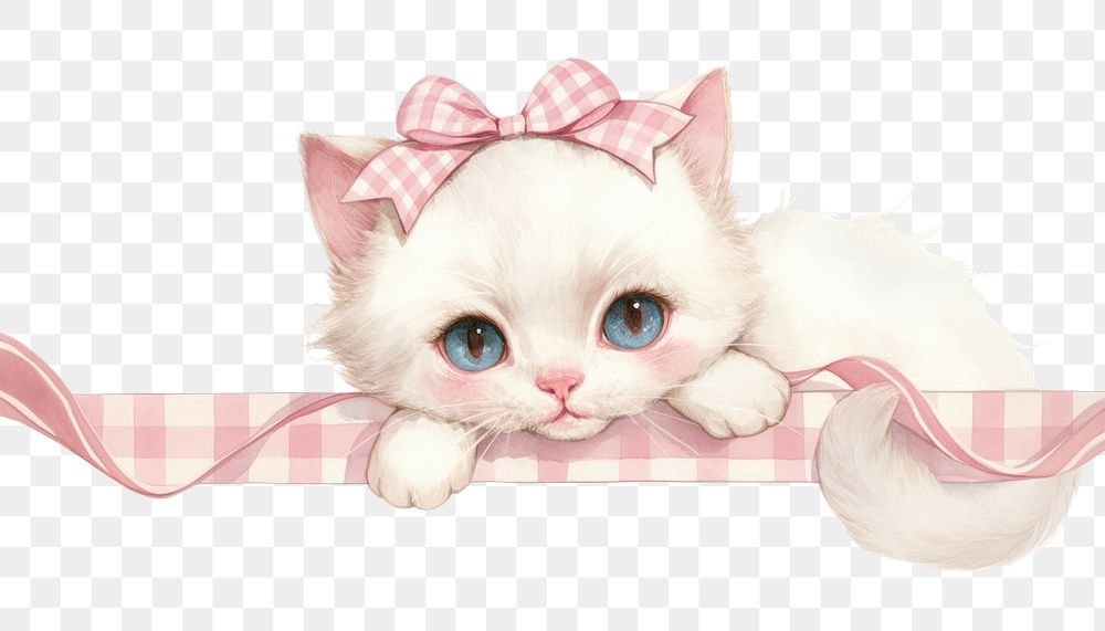 PNG White kitten smile illustration ribbon cute.