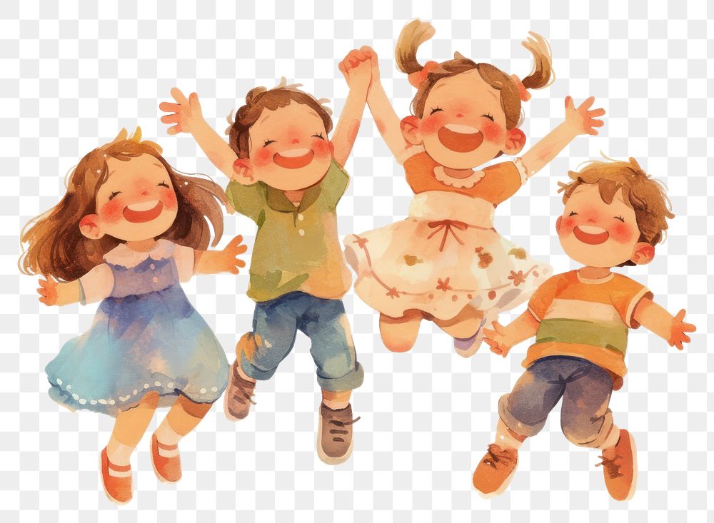 PNG A cute four kids jumping together happy art illustration watercolor.