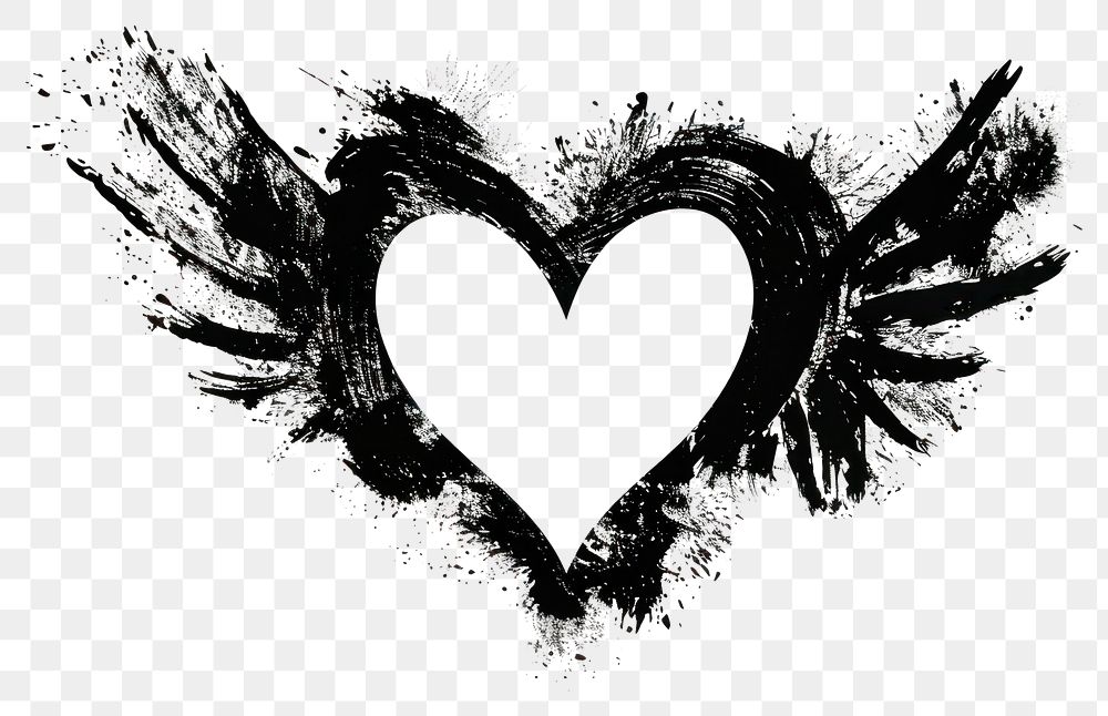 PNG Heart with wings shape brush stroke symbol black illustration.