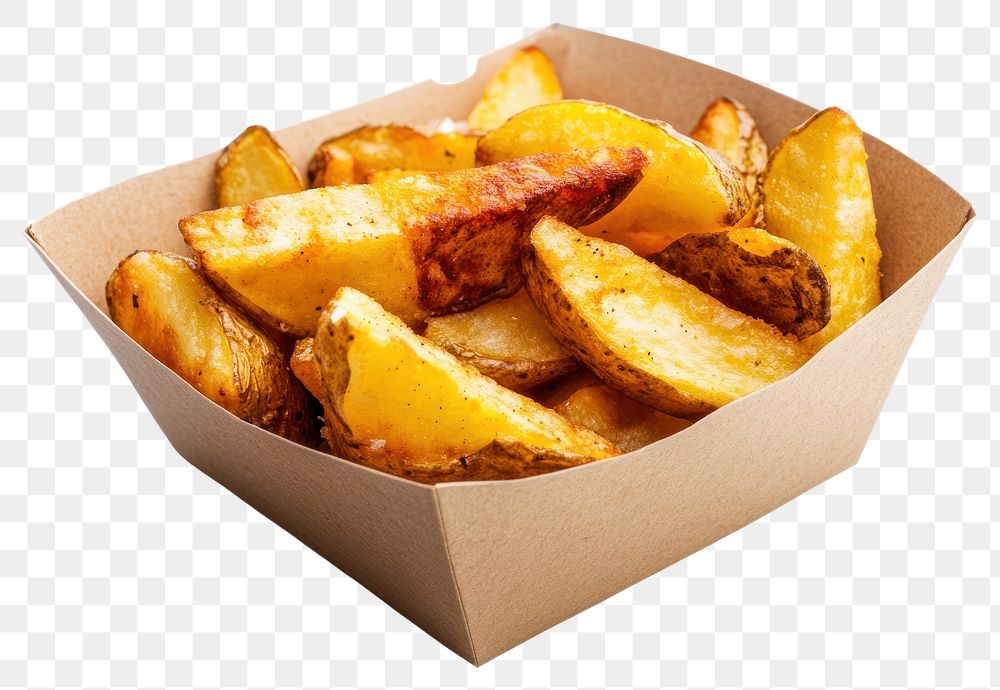 PNG A real savory wedge fries served in takeaway packaging wedges food appetizer.