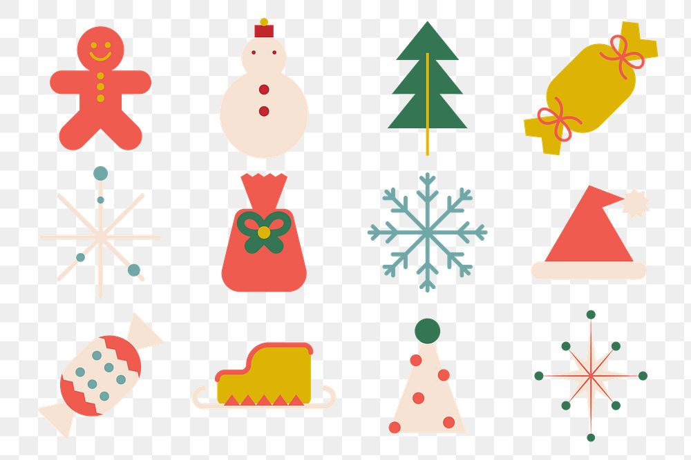 PNG retro geometric Christmas flat illustration set, transparent background