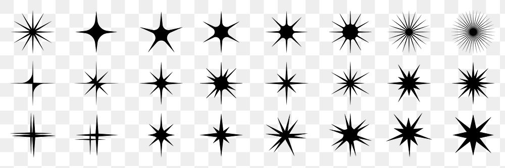 PNG Stylized black star shape illustration set, transparent background