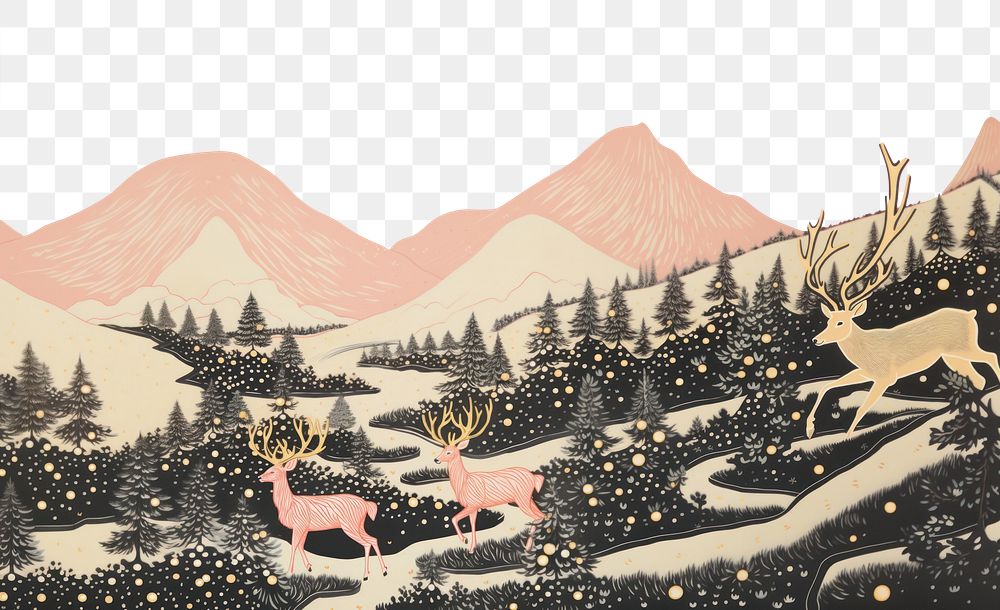 PNG Gold silver pink santas reindeer flying nature painting drawing. 