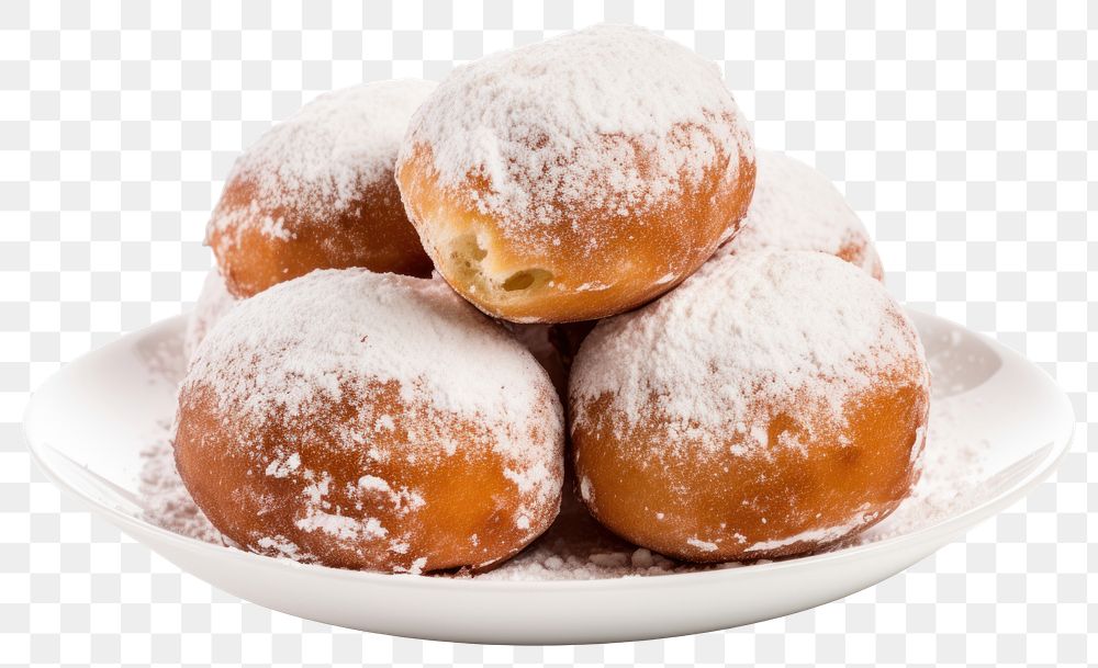 PNG Donut sprinkled with powdered sugar plate food white background. 