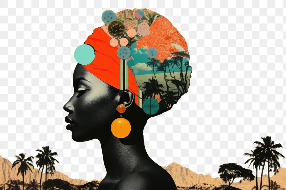 PNG Collage Retro dreamy african art portrait painting.