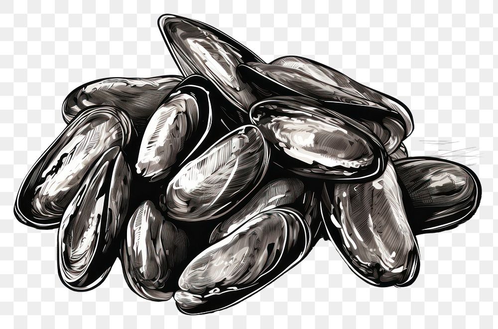 PNG  Grilled mussels drawing sketch food.
