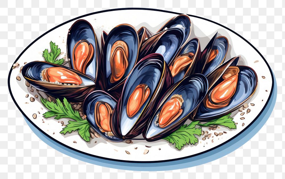 PNG  Mussel menu seafood plate clam.
