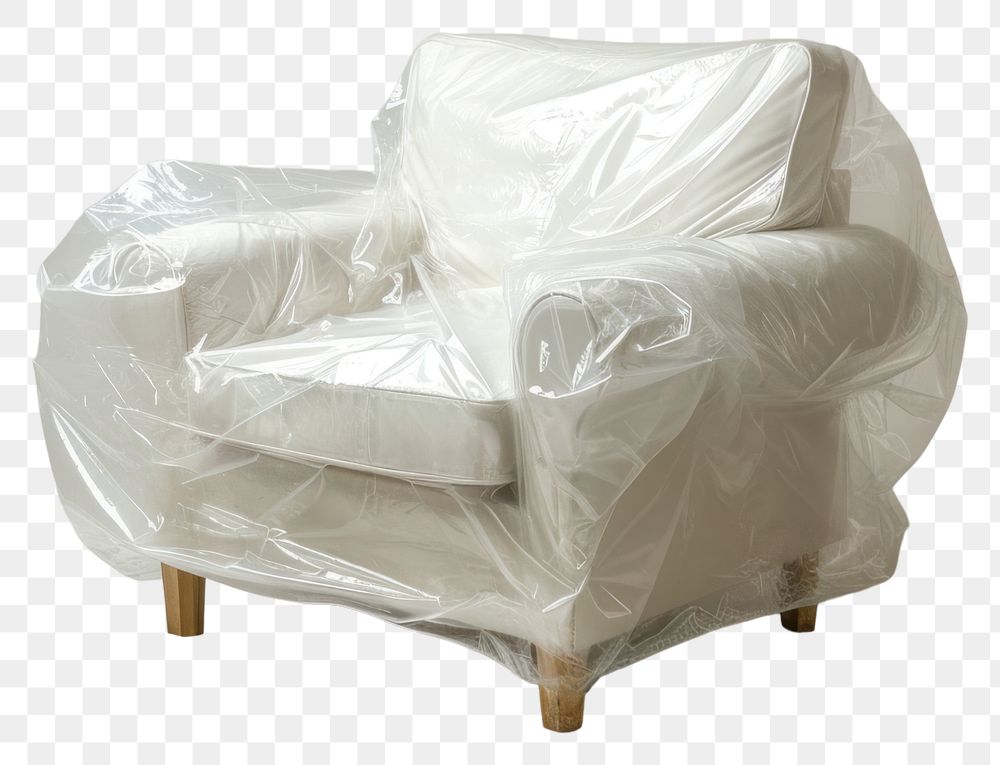 PNG  Plastic wrapping over armchair furniture white recliner.
