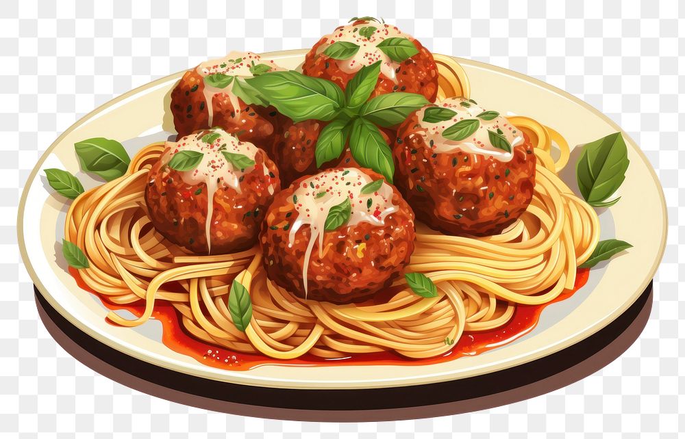 PNG  Spaghetti meatballs pasta plate food.