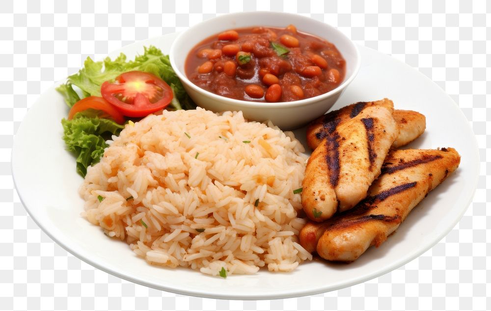 PNG White Rice white baked beans grilled chicken steak salad and farofa rice lunch plate. AI generated Image by rawpixel.