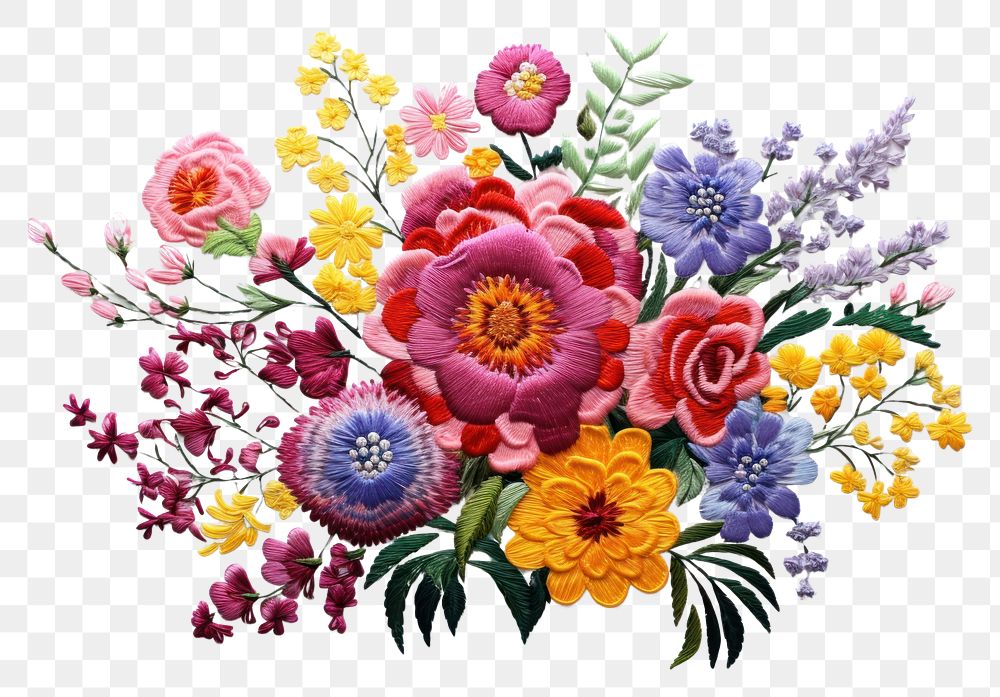PNG  Bouquet of flowers in embroidery style pattern plant art.