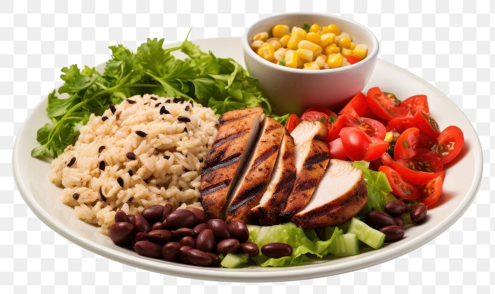 PNG Rice beans grilled chicken steak salad and farofa lunch plate meal. AI generated Image by rawpixel.