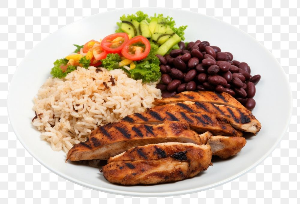 PNG Rice beans grilled chicken steak salad and farofa plate meal food. AI generated Image by rawpixel.