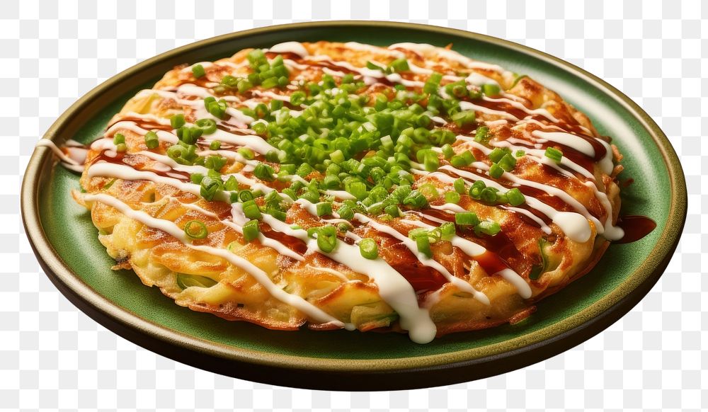 PNG  Okonomiyaki pizza plate food. AI generated Image by rawpixel.