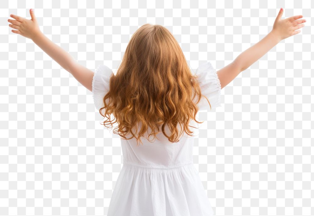 PNG Young girl cheering open arms white back white background. AI generated Image by rawpixel.
