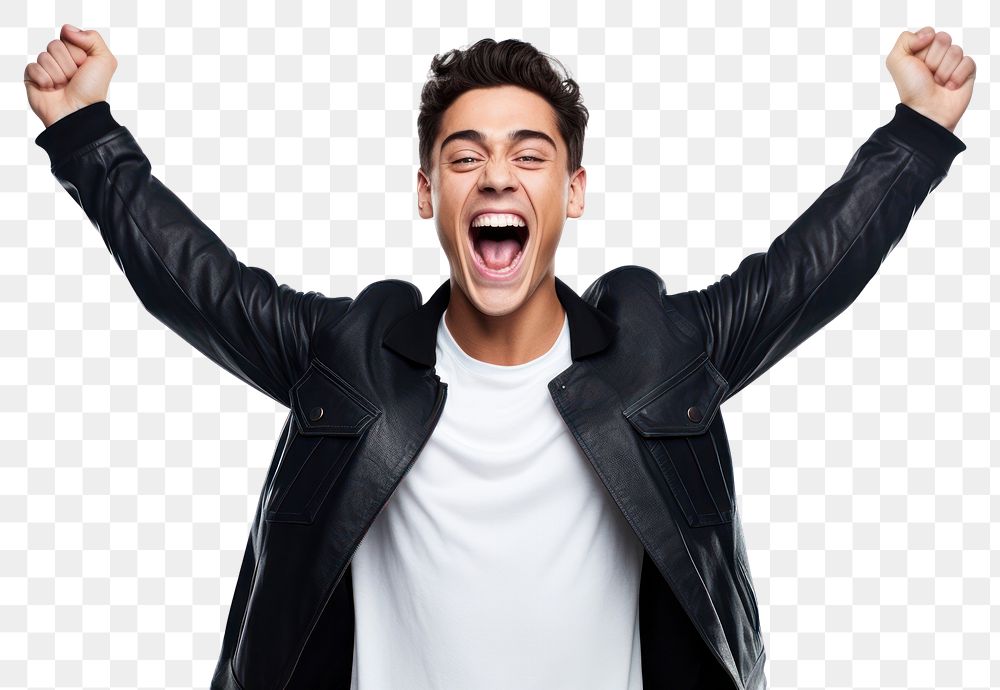 PNG Young man cheering open arms shouting white background achievement. AI generated Image by rawpixel.