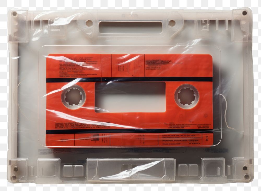 PNG  Plastic wrapping over a cassette tape technology switch red.