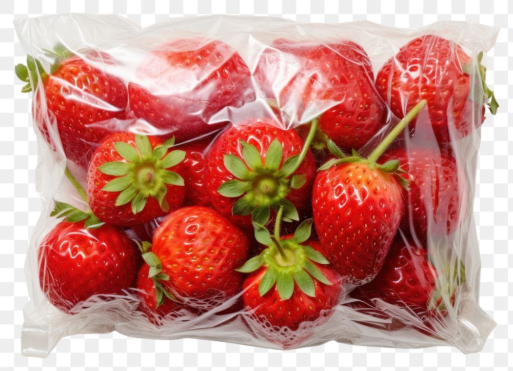 PNG  Plastic wrapping over a strawberries strawberry fruit plant.