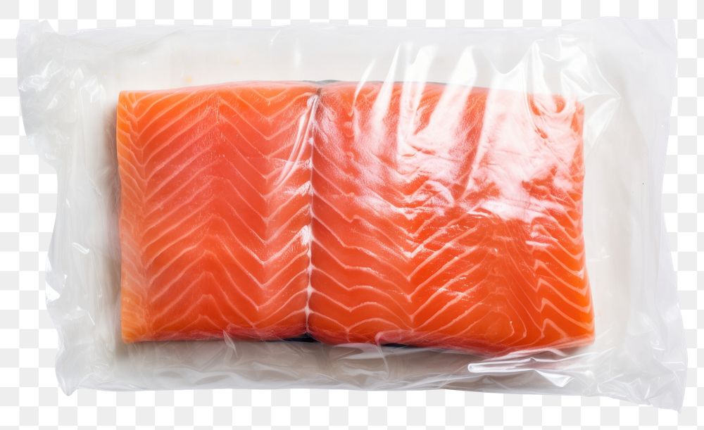 PNG  Plastic wrapping over a salmon seafood white background freshness.
