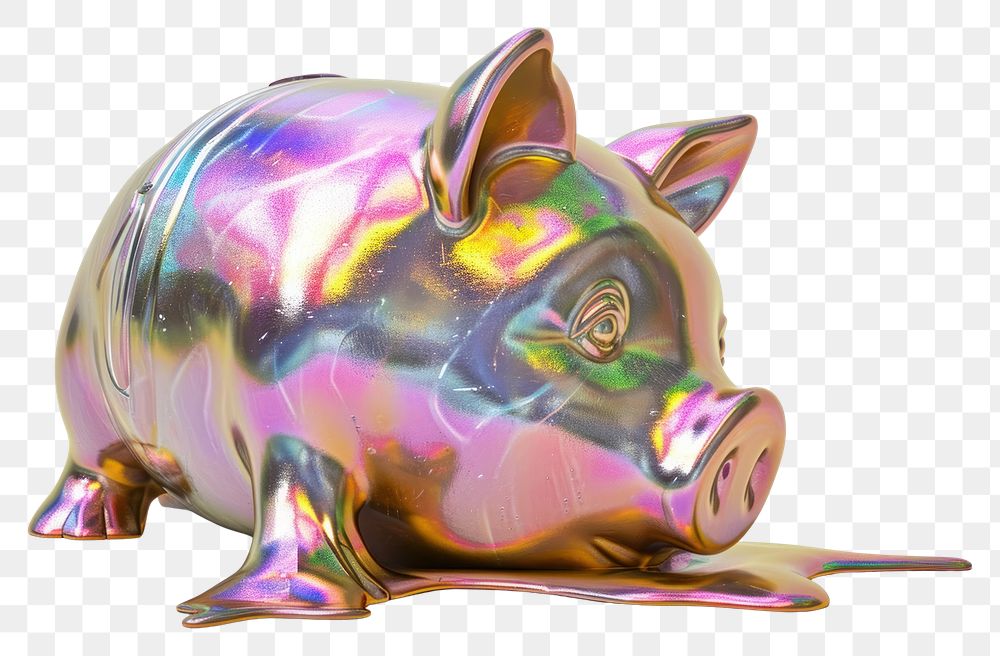 PNG  Metal piggy bank iridescent mammal representation investment.