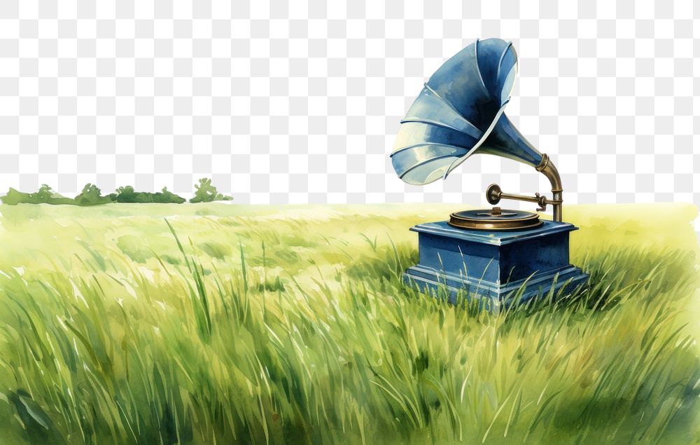 PNG  Gramophone in the middle of grass field outdoors plant broadcasting. AI generated Image by rawpixel.