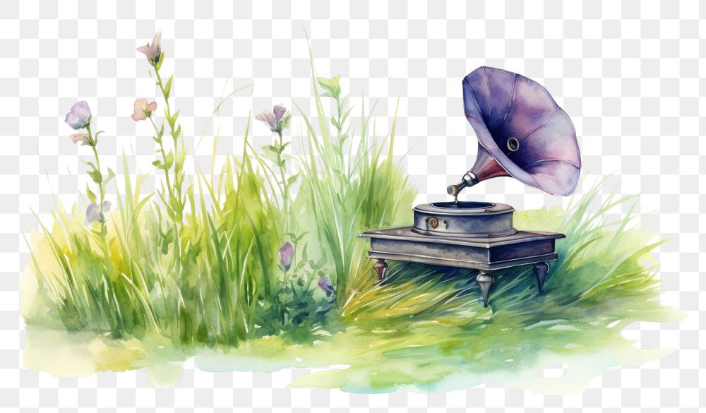PNG  Gramophone in the middle of grass field flower plant water. AI generated Image by rawpixel.