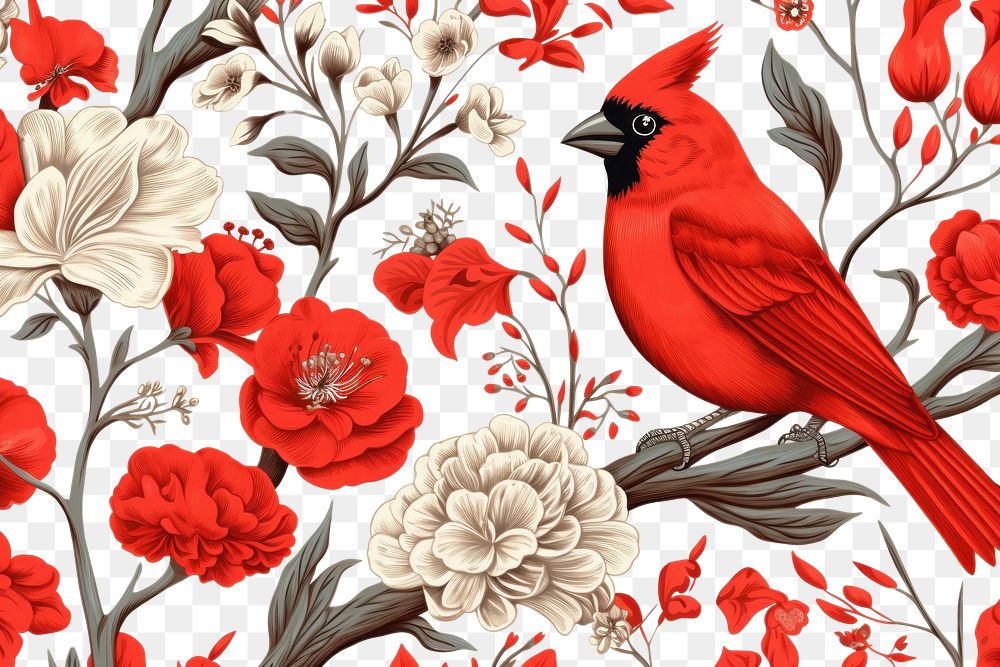 PNG  Red bird and flower pattern art backgrounds. AI generated Image by rawpixel.
