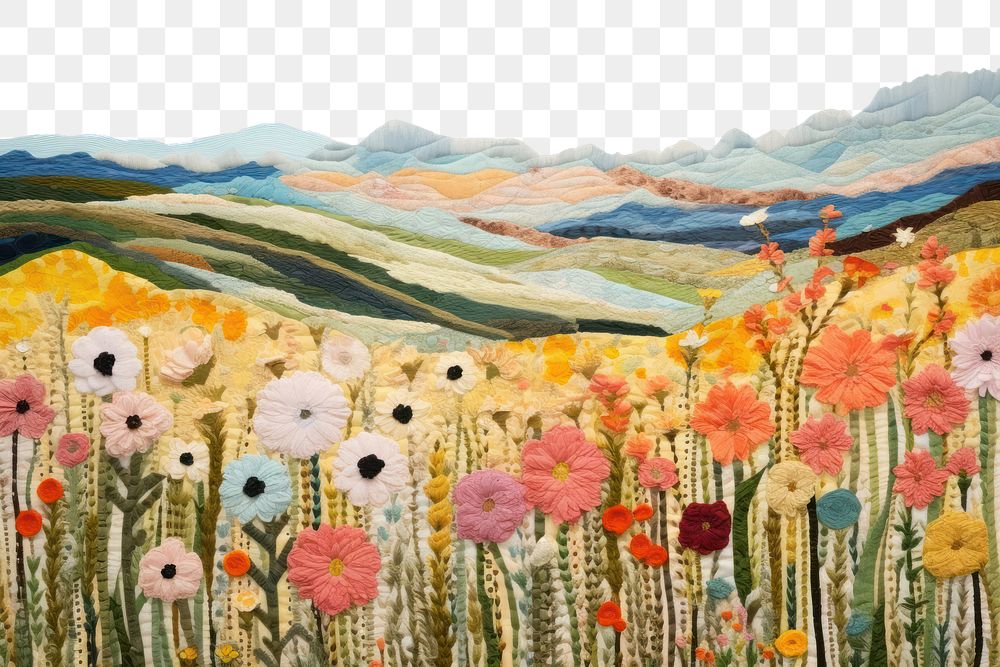 PNG  Flower field needlework landscape painting.