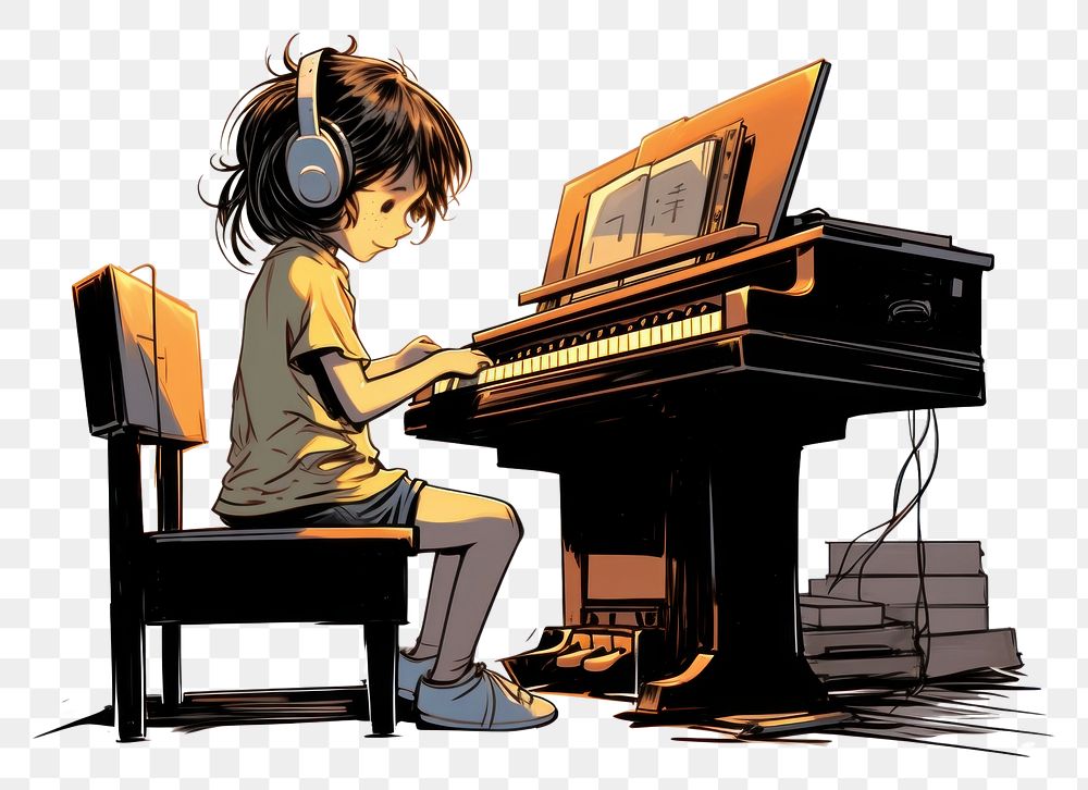 PNG  Little girl playing piano at home music keyboard musician. AI generated Image by rawpixel.