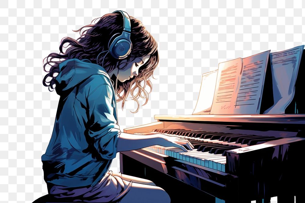 PNG Little girl playing piano at home music headphones keyboard. 
