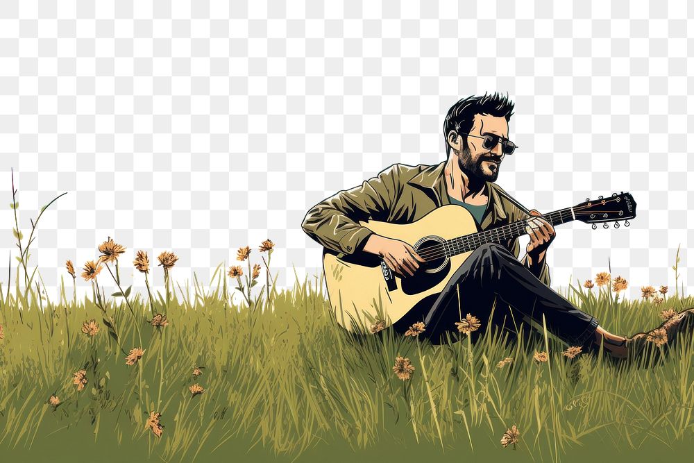 PNG Man playing acoustic guitar in the middle of grass field music musician adult. AI generated Image by rawpixel.