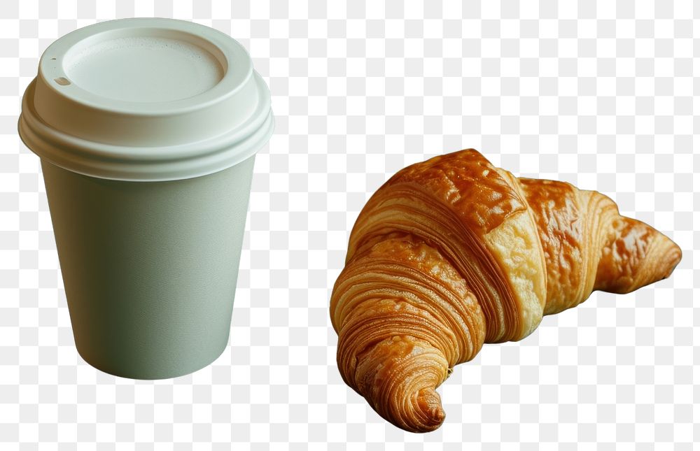 PNG  Coffee paper cup mockup croissant bread food.