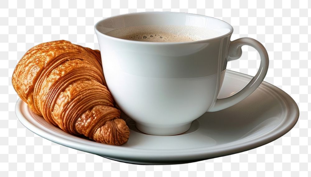 PNG  Coffee cup mockup croissant saucer drink.