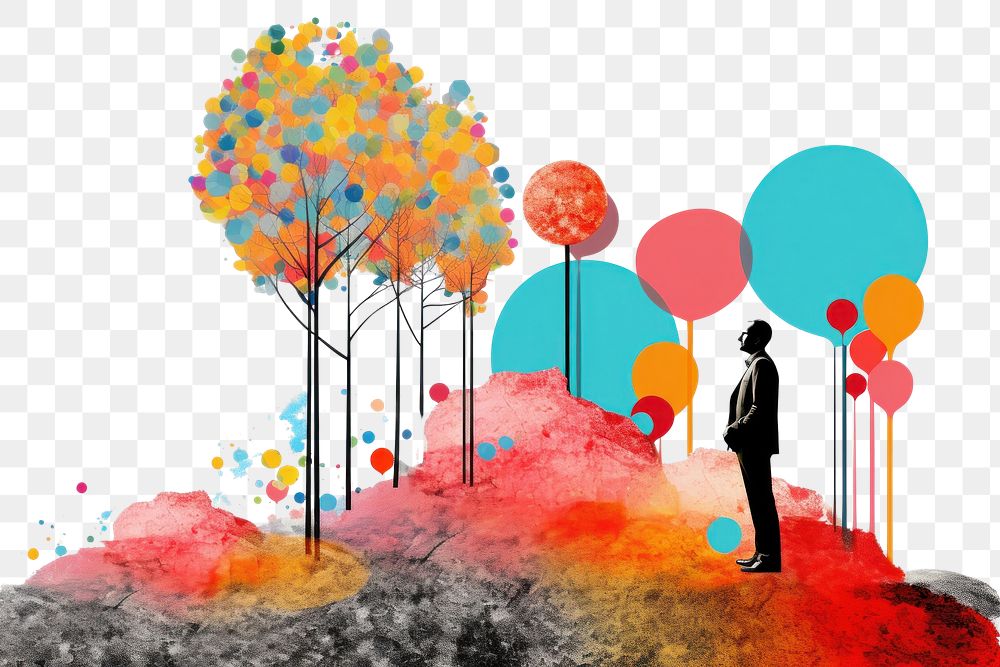 PNG  Collage Retro dreamy business man and growth tree art painting outdoors.