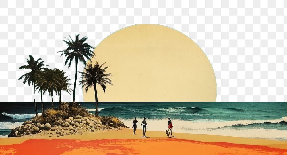 PNG  Collage Retro dreamy beach and people surfing outdoors horizon nature.