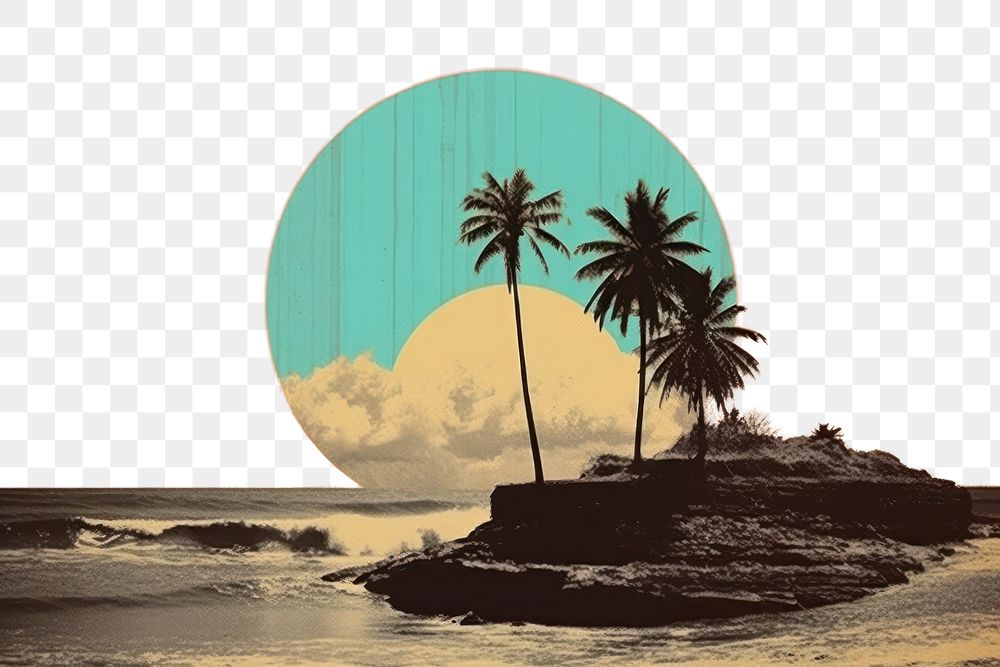 PNG  Collage Retro dreamy beach and sunset outdoors nature ocean.
